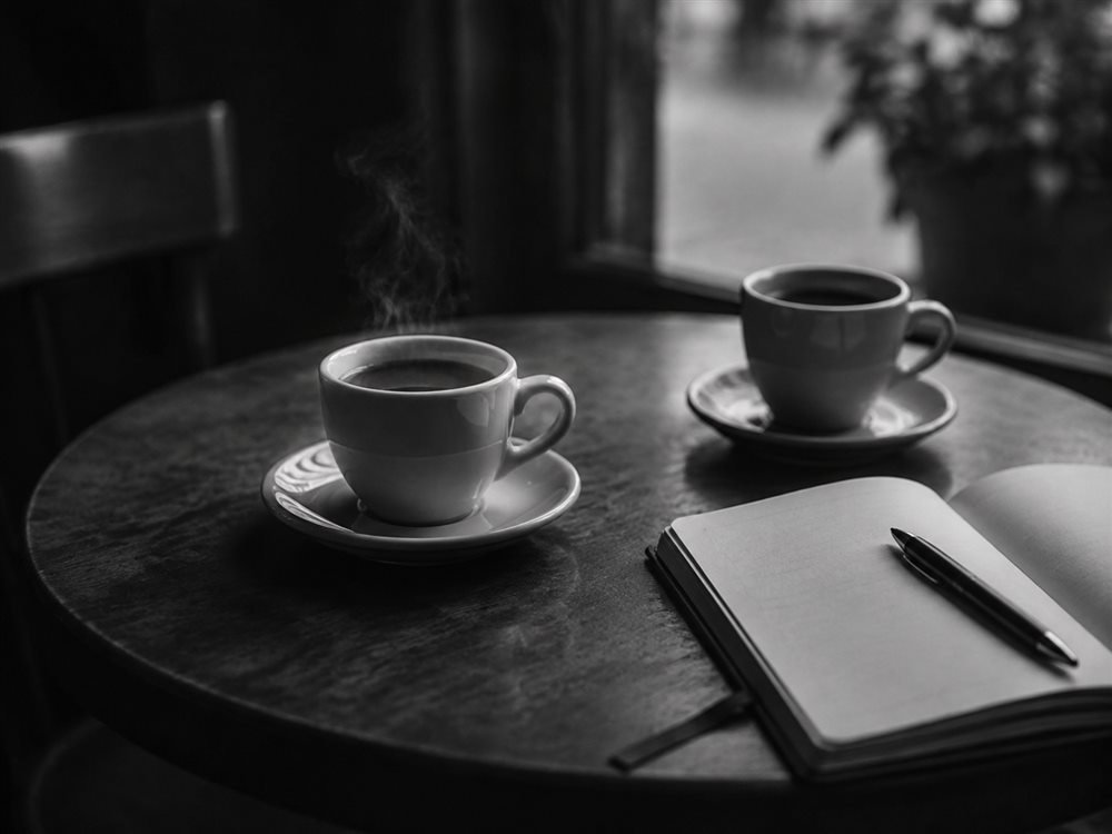 Zwei Espressotassen und ein Notizbuch an einem Cafétisch, Schwarzweißaufnahme