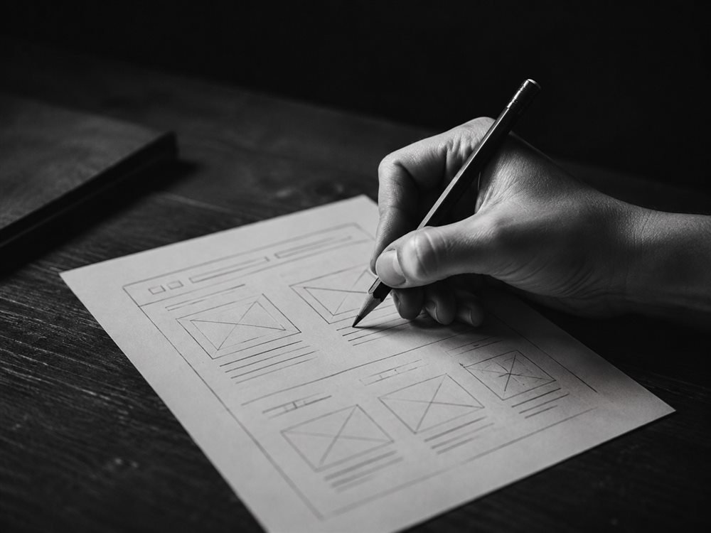 Eine Hand skizziert mit Bleistift den Aufbau einer Website auf Papier, Schwarzweißaufnahme