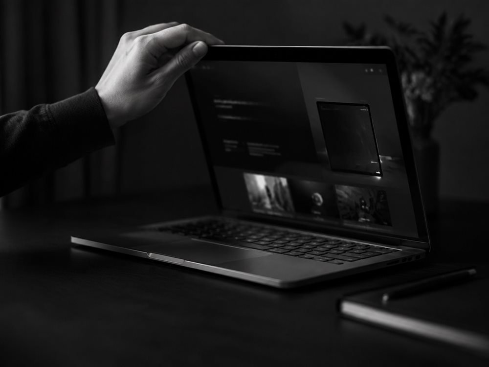 Eine Hand klappt einen Laptop mit einer fertigen dunklen Website auf dem Bildschirm auf, Schwarzweißaufnahme